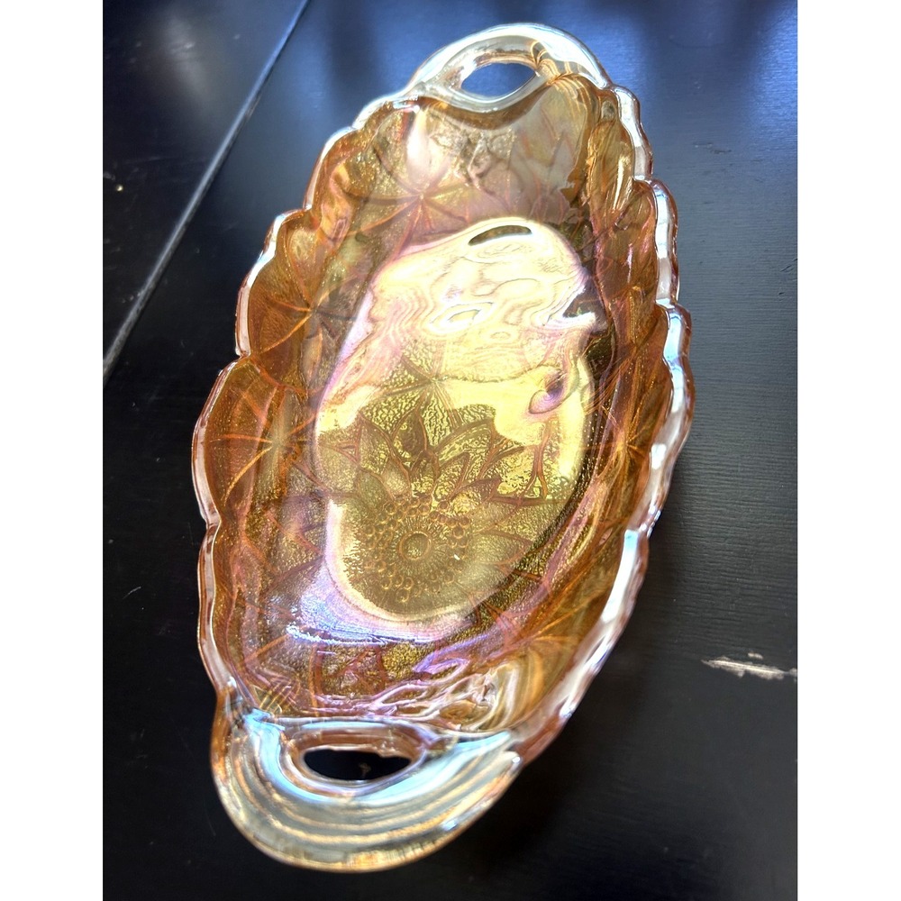 Marigold Carnival Glass Oval Candy Dish Bowl Iridescent Vintage EUC